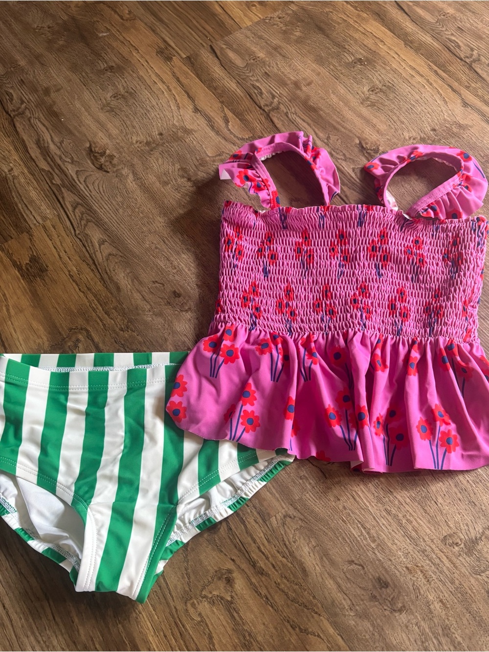 Hanna Andersson Pink Floral Tankini Top with Green & White Striped Bottoms